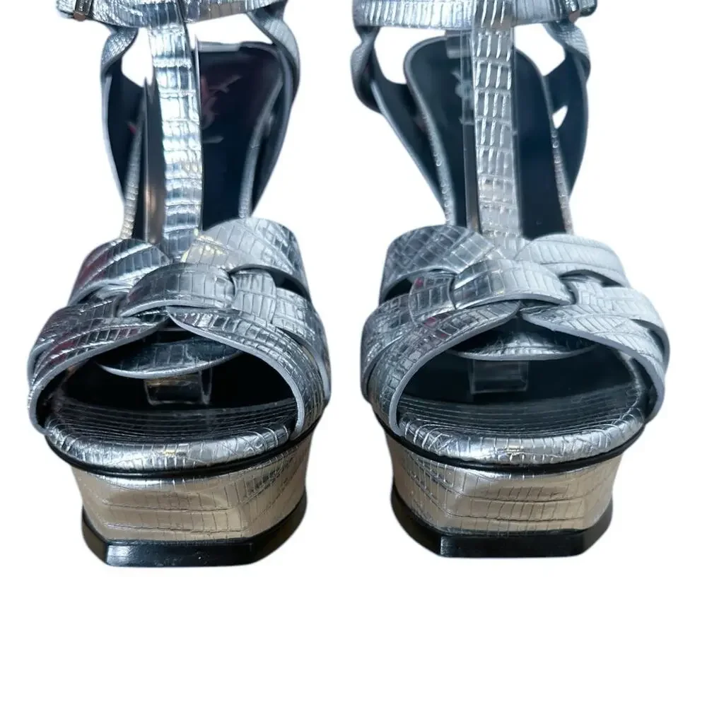 Saint Laurent Tribute Silver Embossed Leather Platform High Heel Sandals 39.5 - Picture 5 of 13